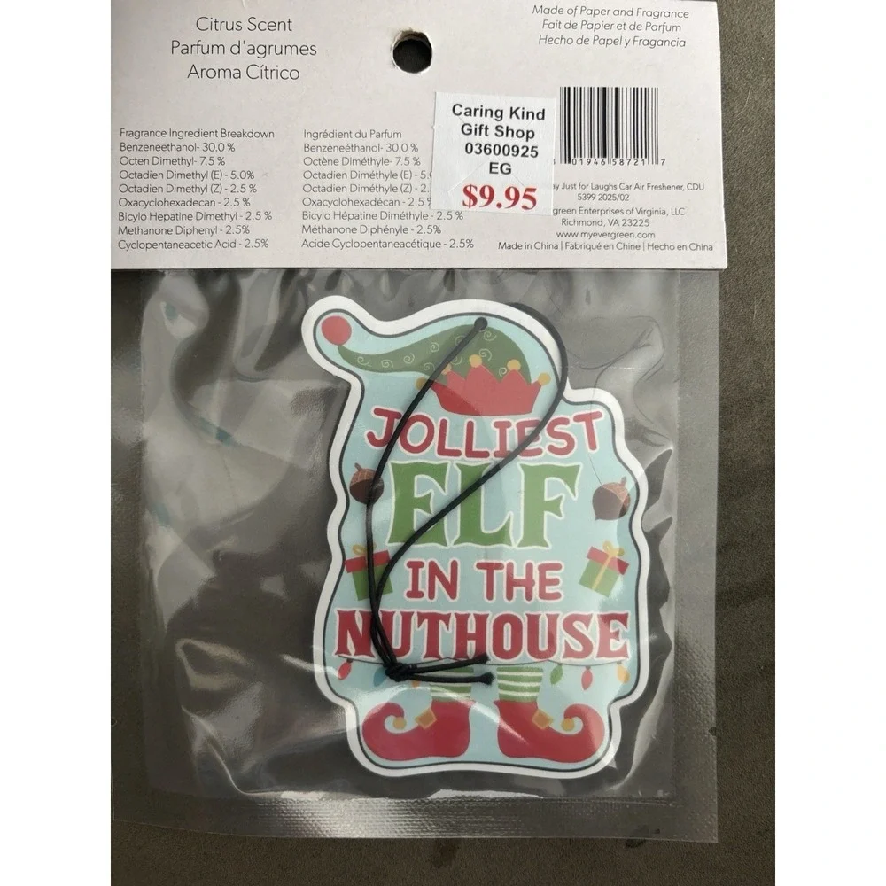 Evergreen Car Air Freshener Citrus Scent Jolliest Elf In The nut house Christmas